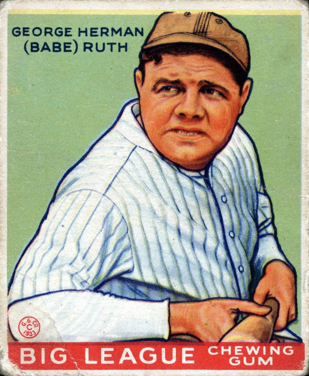 1933 Goudey #53 Babe Ruth, New York Yankees — yellow-background portrait. Public domain (LOC Burdick).