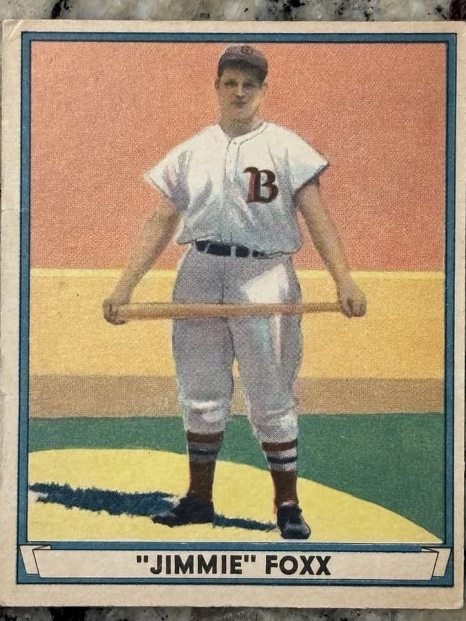 1941 Play Ball #13 Jimmie Foxx, Boston Red Sox — Double-X, two-time AL MVP. Public domain.