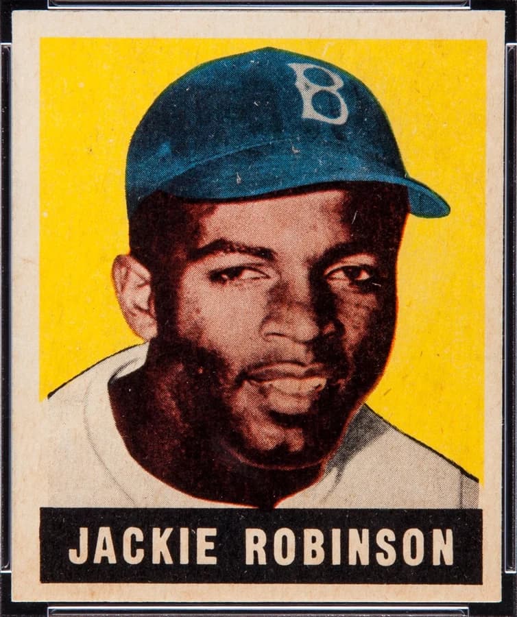 1948 Leaf #79 Jackie Robinson rookie, Brooklyn Dodgers — first Black MLB player of the modern era. Editorial use.