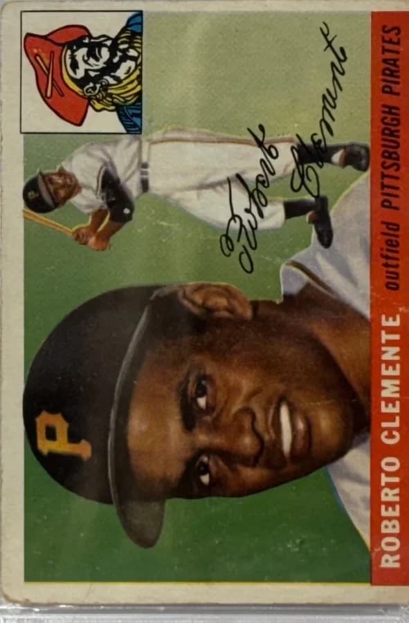 1955 Topps #164 Roberto Clemente rookie, Pittsburgh Pirates — Hall of Fame outfielder. Editorial use.