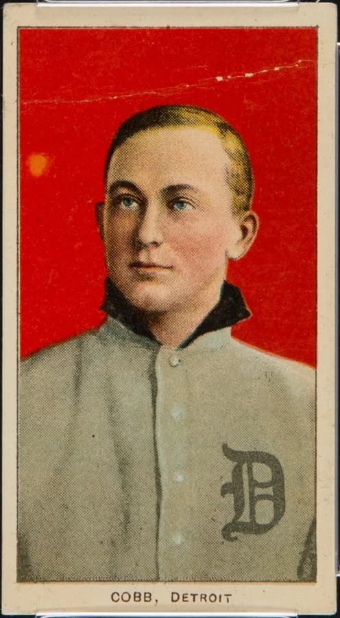 1909-11 T206 Ty Cobb Red Portrait, Detroit Tigers — the iconic Cobb pose. Public domain (LOC Burdick).