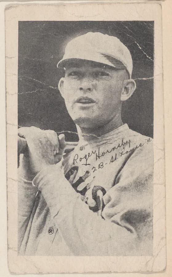 1921 E121 American Caramel Rogers Hornsby, St. Louis Cardinals — Series of 80 issue. Public domain.