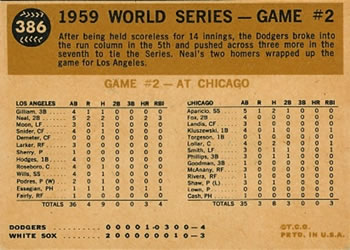 Topps 386 1959 World Series Game #2   Neal Belts 2nd Homer back