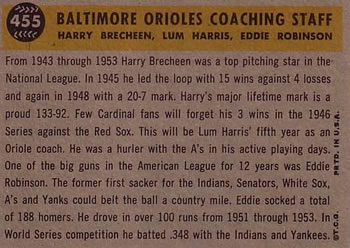 Topps 455 Baltimore Orioles Coaches (Eddie Robinson / Harry Brecheen / Lum Harris) back