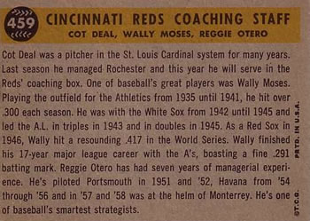 Topps 459 Cincinnati Reds Coaches (Reggie Otero / Cot Deal / Wally Moses) back