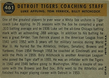 Topps 461 Detroit Tigers Coaches (Tom Ferrick / Luke Appling / Billy Hitchcock) back