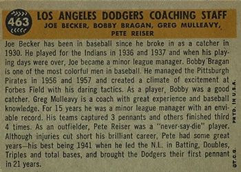 Topps 463 L.A. Dodgers Coaches (Bobby Bragan / Pete Reiser / Joe Becker / Greg Mulleavy) back