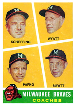 Topps 464 Milwaukee Braves Coaches (Bob Scheffing / Whitlow Wyatt / Andy Pafko / George Myatt) #1960
