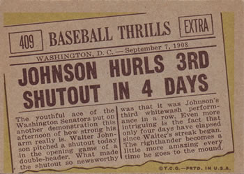 Topps 409 Johnson Hurls 3rd Shutout in 4 Days back