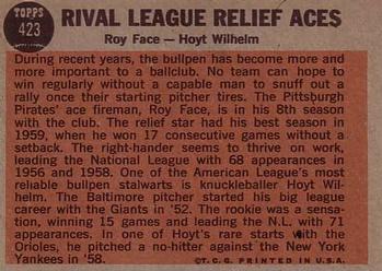 Topps 423 Rival League Relief Aces (Roy Face / Hoyt Wilhelm) back