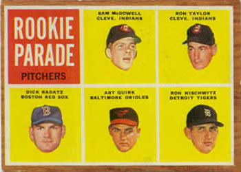 Topps 591 Rookie Parade Pitchers (Sam McDowell / Ron Taylor / Dick Radatz / Art Quirk / Ron Nischwitz) #1962