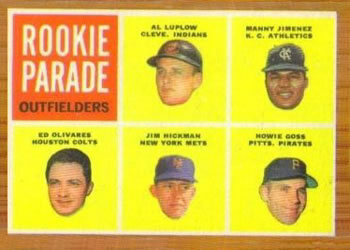 Topps 598 Rookie Parade Outfielders (Al Luplow / Manny Jimenez / Ed Olivares / Jim Hickman / Howie Goss) #1962