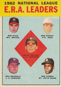 Topps 5 1962 National League E.R.A. Leaders (Sandy Koufax / Bob Shaw / Bob Purkey / Don Drysdale / Bob Gibson) #1963