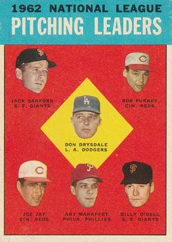 Topps 7 1962 National League Pitching Leaders (Don Drysdale / Jack Sanford / Bob Purkey / Joe Jay / Art Mahaffey / Billy O'Dell) #1963