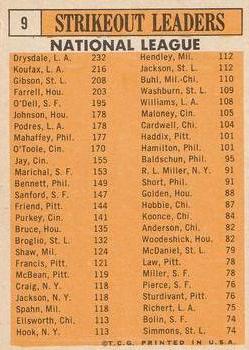 Topps 9 1962 National League Strikeout Leaders (Don Drysdale / Sandy Koufax / Bob Gibson / Dick Farrell / Billy O'Dell) back