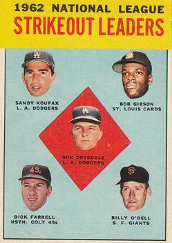 Topps 9 1962 National League Strikeout Leaders (Don Drysdale / Sandy Koufax / Bob Gibson / Dick Farrell / Billy O'Dell) #1963
