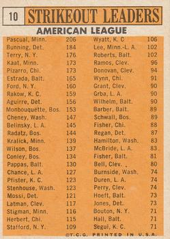 Topps 10 1962 American League Strikeout Leaders (Camilo Pascual / Jim Bunning / Ralph Terry / Jim Kaat / Juan Pizarro) back