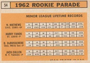 Topps 54 1963 Rookie Stars (Nelson Mathews / Harry Fanok / Dave DeBusschere / Jack Cullen) back