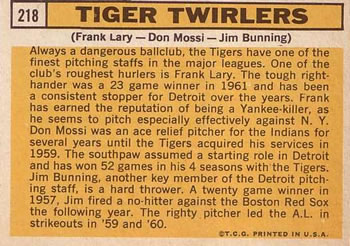 Topps 218 Tiger Twirlers (Jim Bunning / Frank Lary / Don Mossi) back