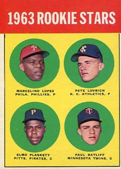 Topps 549 1963 Rookie Stars (Marcelino Lopez / Pete Lovrich / Elmo Plaskett / Paul Ratliff) #1963