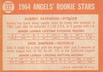 Topps 127 Angels 1964 Rookie Stars (Aubrey Gatewood / Dick Simpson) back