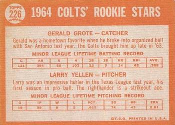Topps 226 Colts 1964 Rookie Stars (Gerald Grote / Larry Yellen) back