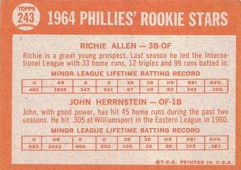 Topps 243 Phillies 1964 Rookie Stars (Richie Allen / John Herrnstein) back