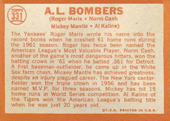 Topps 331 A.L. Bombers (Roger Maris / Norm Cash / Mickey Mantle / Al Kaline) back
