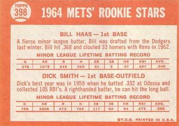 Topps 398 Mets 1964 Rookie Stars (Bill Haas / Dick Smith) back