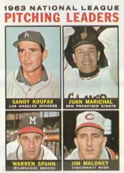 Topps 3 1963 National League Pitching Leaders (Sandy Koufax / Juan Marichal / Warren Spahn / Jim Maloney) #1964