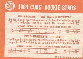 Topps 408 Cubs 1964 Rookie Stars (Jim Stewart / Fred Burdette) back