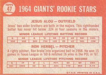 Topps 47 Giants 1964 Rookie Stars (Jesus Alou / Ron Herbel) back