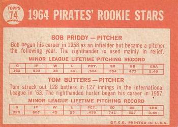 Topps 74 Pirates 1964 Rookie Stars (Bob Priddy / Tom Butters) back