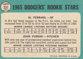 Topps 331 Dodgers 1965 Rookie Stars (Al Ferrara / John Purdin) back