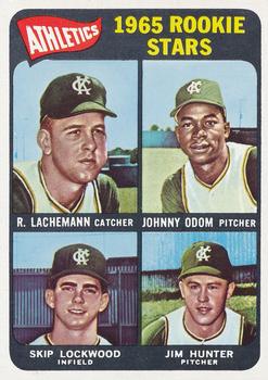 Topps 526 Athletics 1965 Rookie Stars (Rene Lachemann / Johnny Odom / Skip Lockwood / Jim Hunter) #1965