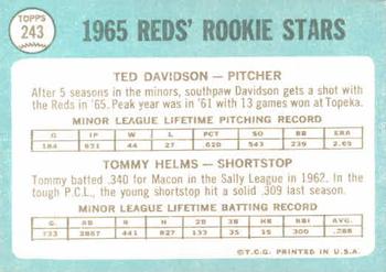 Topps 243 Reds 1965 Rookie Stars (Ted Davidson / Tommy Helms) back