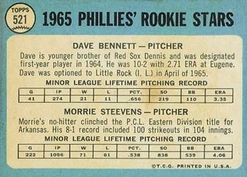 Topps 521 Phillies 1965 Rookie Stars (Dave Bennett / Morrie Steevens) back