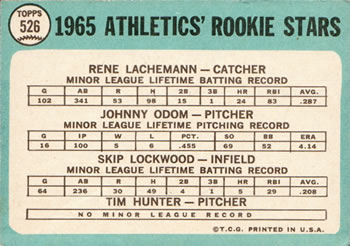 Topps 526 Athletics 1965 Rookie Stars (Rene Lachemann / Johnny Odom / Skip Lockwood / Jim Hunter) back