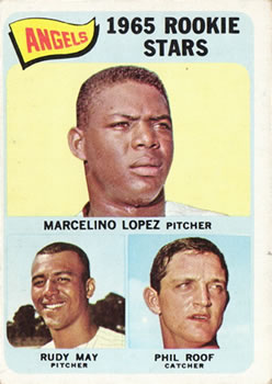 Topps 537 Angels 1965 Rookie Stars (Marcelino Lopez / Rudy May / Phil Roof) #1965