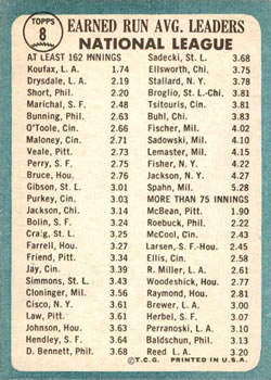 Topps 8 National League 1964 ERA Leaders (Sandy Koufax / Don Drysdale) back