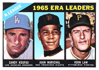 Topps 221 National League 1965 ERA Leaders (Sandy Koufax / Juan Marichal / Vern Law) #1966