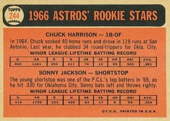 Topps 244 Astros 1966 Rookie Stars (Chuck Harrison / Sonny Jackson) back