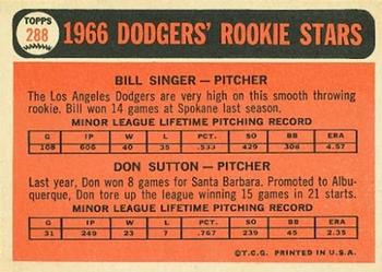 Topps 288 Dodgers 1966 Rookie Stars (Bill Singer / Don Sutton) back