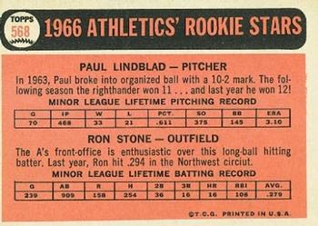 Topps 568 Athletics 1966 Rookie Stars (Paul Lindblad / Ron Stone) back