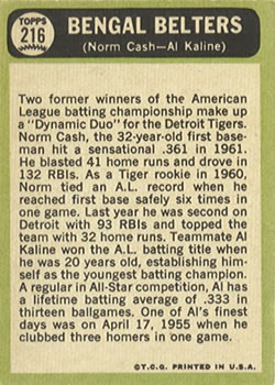 Topps 216 Bengal Belters (Norm Cash / Al Kaline) back