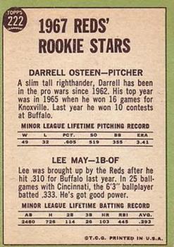 Topps 222 Reds 1967 Rookie Stars (Darrell Osteen / Lee May) back