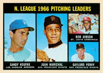 Topps 236 National League 1966 Pitching Leaders (Sandy Koufax / Juan Marichal / Bob Gibson / Gaylord Perry) #1967
