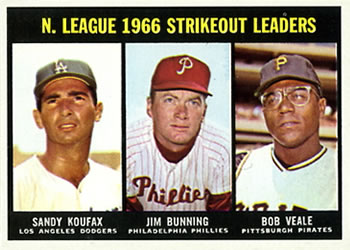 Topps 238 National League 1966 Strikeout Leaders (Sandy Koufax / Jim Bunning / Bob Veale) #1967