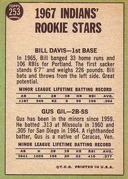 Topps 253 Indians 1967 Rookie Stars (Bill Davis / Gus Gil) back