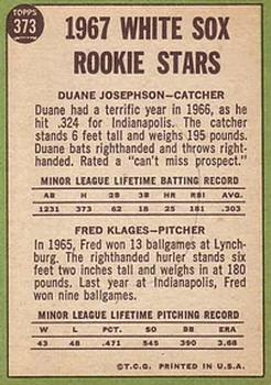 Topps 373 White Sox 1967 Rookie Stars (Duane Josephson / Fred Klages) back